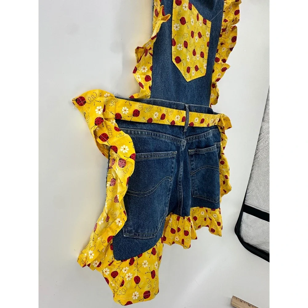 Handmade Denim Kitchen Apron Ladybug Ruffle Lee Jeans Repurposed Cottagecore
